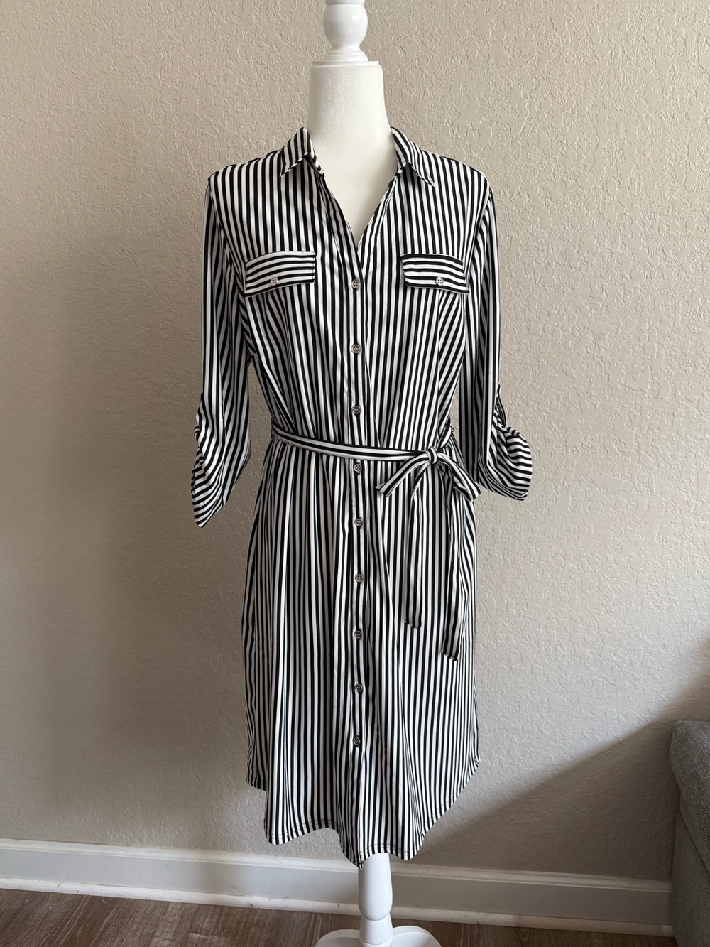 Mlle Gabrielle Black and White Vertical Stripe Midi Shirt Dress with Tie Belt